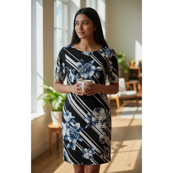 Roz & Ali Dresses & Skirts - ✨Roz & Ali Women Black Blue Floral Stripe Short Sleeve Knee Length Dress Size M